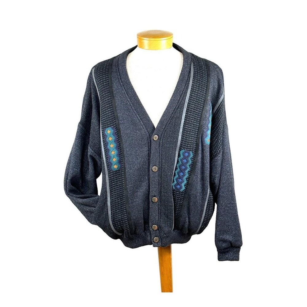 1990s mens sweater cardigan coat with leather appliques by Baffo Size XL